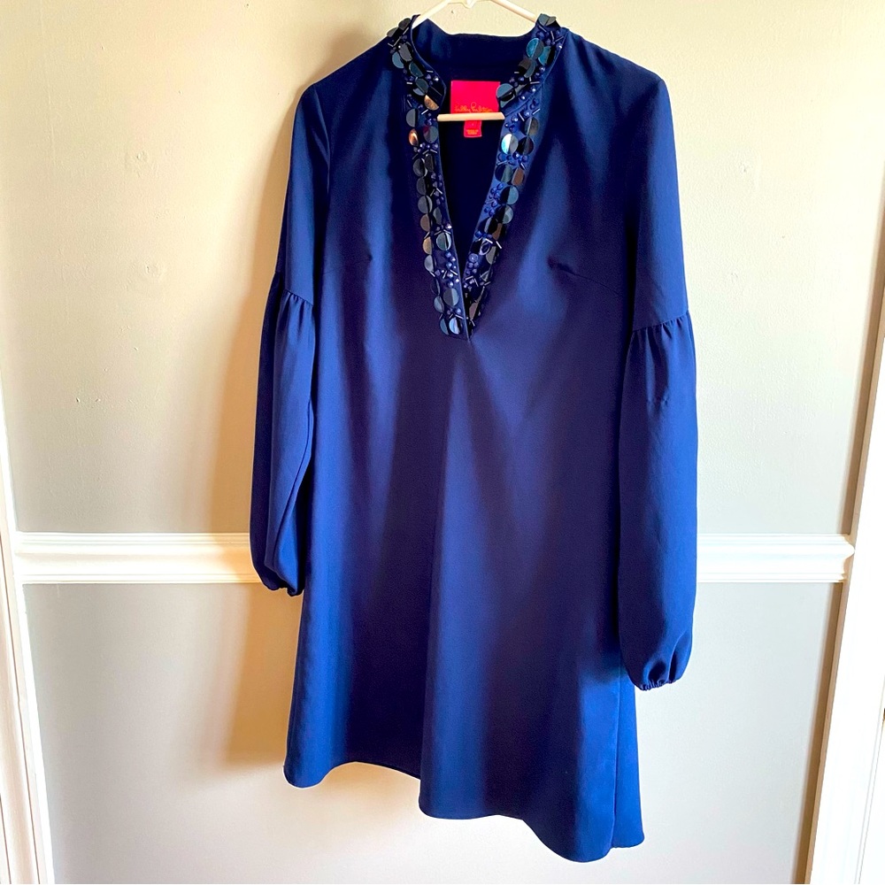 Lilly Pulitzer Navy Blue Long Sleeved Dress with Sequined Collar Size 4